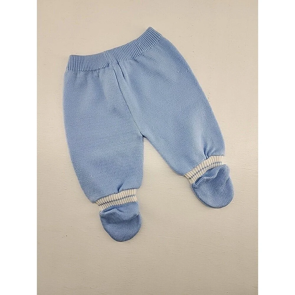 Vtg Baby Boy Knit Outfit Bow Tie University Blue White Sweater Footie‎ Pants 3/6